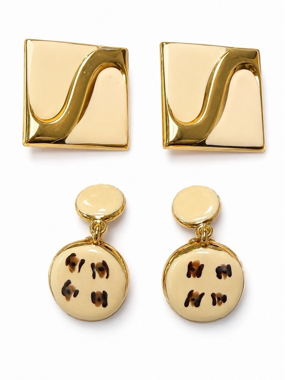 Vintage Clip On Earrings Lot 2 Pairs Gold Tone Enamel Cream Retro Statement